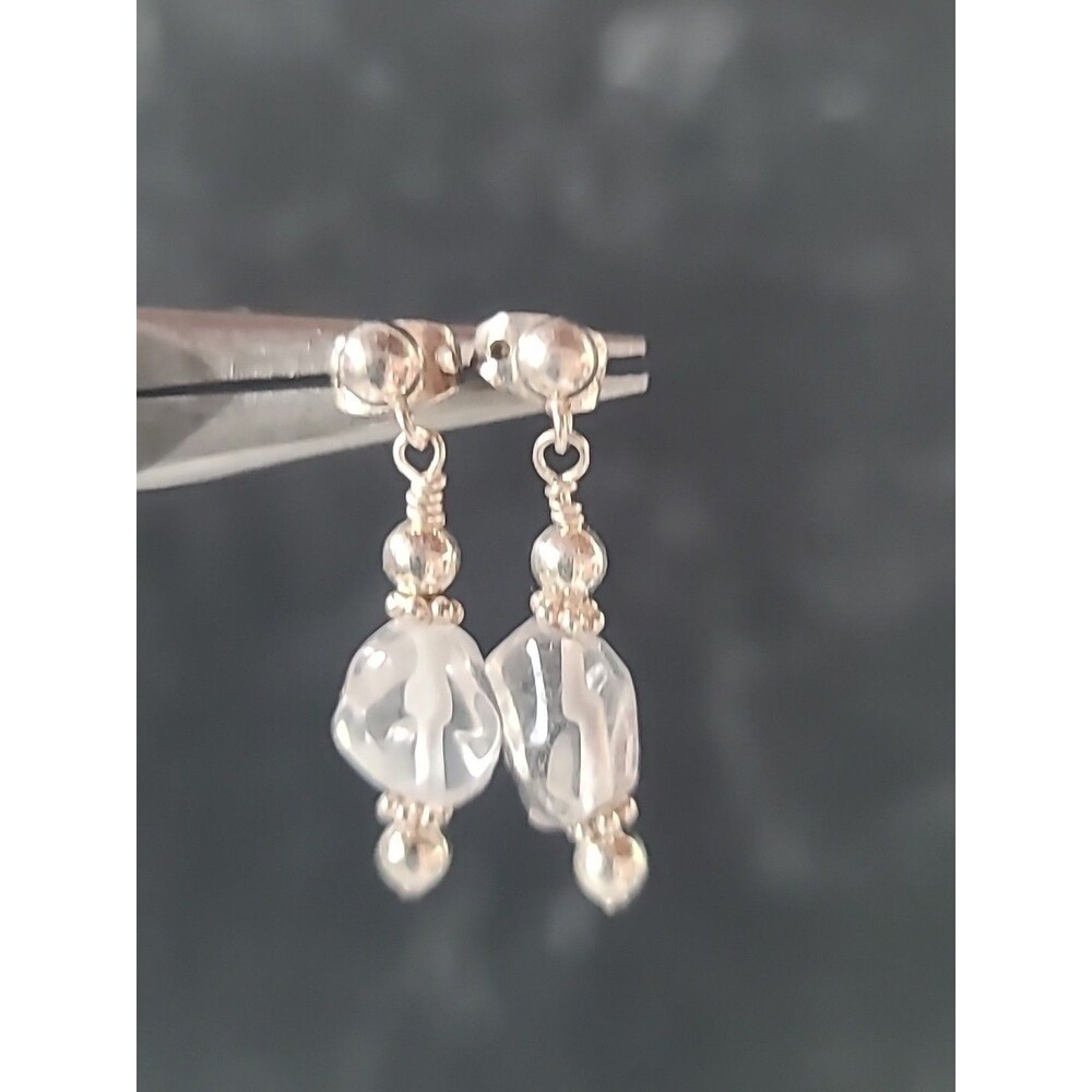 925 Sterling Silver Quartz Beaded Dangling Pierced Earrings Vintage